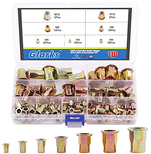 Glarks Juego de 110 tuercas M3 M4 M5 M6 M8 M10 M12 de media brida de cuerpo hexagonal, juego de tuercas de remache de cabeza plana de acero al carbono chapado en zinc