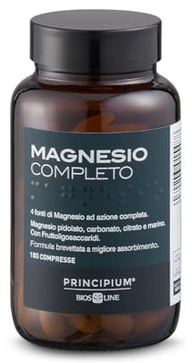BIOS LINE Principium, Magnesio completo Brevettato con miglior assorbimento, 4 Fonti di Magnesio Integratore Anti stress, 180 Compresse, Prodotto Adatto ai Vegani