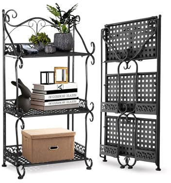 BTGGG 3 Tier Foldable Storage Shelves Free Standing Metal Pan Rack Plant Stand Storage Organiser Shelving Unit for Kitchen Bathroom Bedroom Garden Office, Black