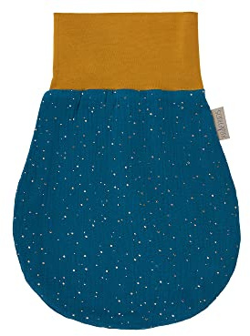 KraftKids Strampelsack Musselin goldene Punkte auf Petrol für den Herbst/Winter aus Musselin Baumwolle und warmen Fleece in Zwei Größen erhältlich