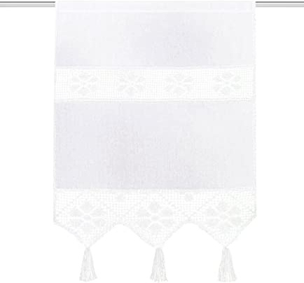 HOME WOHNIDEEN 54202 Fensterbehang/Türbehang Toni, Siebleinen mit Häkeleinsatz und Quasten, Farbe: Weiß, Maße: (60 x 40 cm)