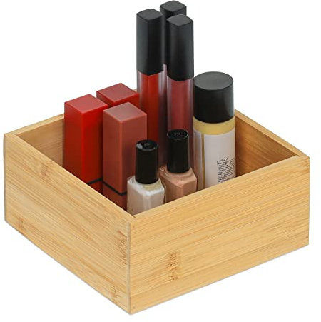 Relaxdays Ordnungsbox Bambus, Flache Aufbewahrungsbox ohne Deckel, HBT 7 x 15 x 15 cm, Bambusbox Küche, Bad, Büro, Natur