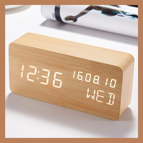Pokanic Sveglia digitale in legno da scrivania, data, giorno della settimana, temperatura, grande display a LED, lampada portatile per camera da letto, ufficio, scuola, casa, soggiorno, stanza (bambù)