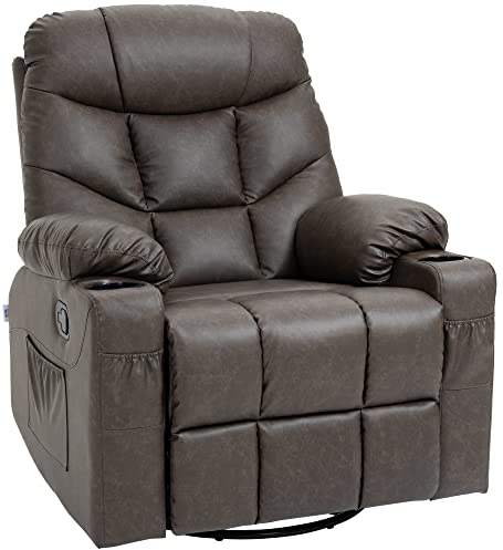 HOMCOM Recliner Armchair, Swivel PU Leather Manual Reclining Chair with Adjustable Leg Rest, Drink Holders, Side Pockets, Rocker Chair for Home Living Room, Dark Brown