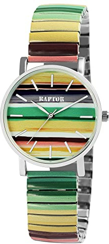 Raptor Colorful Edition Damen-Uhr Zugband Edelstahl Motiv Bunt Print Analog Quarz (grün/gelb)
