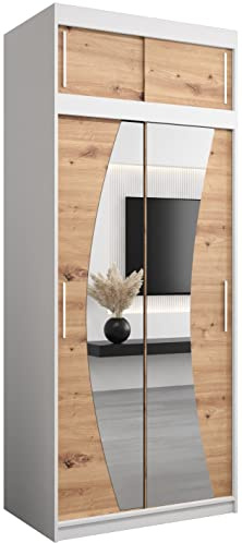 ABIKSMEBLE Wave 100 Armoire de Rangement à Deux Portes Coulissantes pour Chambre à Coucher avec Miroir, Tringle et Étagères - 100x240x62 cm (L x H x P) - Blanc Mat + Artisan avec Extension