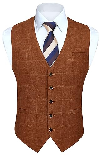 HISDERN Gilet da uomo arancione bruciato Gilet da matrimonio formale in cotone plaid classico Check Party Business Suit Vest, Arancio bruciata, L