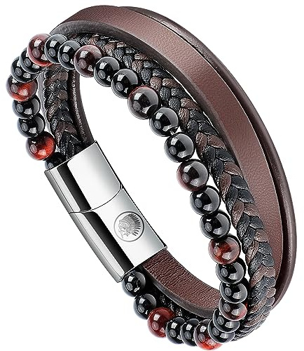 Casisto.J Lederarmband Herren Armband Männer Echtleder Geflochten Perlenarmband mit Magnet Verschluss, Geschenk für Männer Inklusive Schmuckschachtel