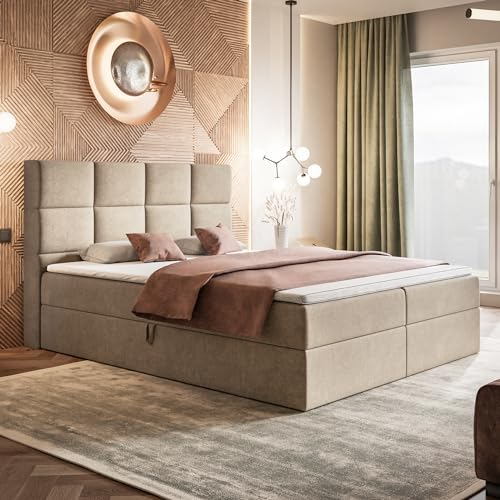 MOTIVENA Alpha Boxspringbett 180x200 mit Bettkasten und Topper, Polsterbett 180x200 mit Bettkasten, Taschenfederkern-Matratze (H3), Visco Memory-Foam Topper (H2), Samt, Beige