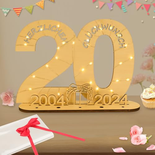Seutgjie Deko 20 Geburtstag Mann Frau Originelles Geldgeschenke Holzschild Gästebuch zum Porzellanhochzeit Jubiläum Tischdeko mit LED Lichterkette