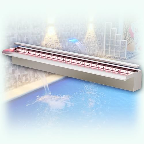 Longrun 90cm Teich Wasserfall Set, 304 Edelstahl Pool Wasserfall mit RGB Bluetooth LED und Fernbedienung, Breite 15cm