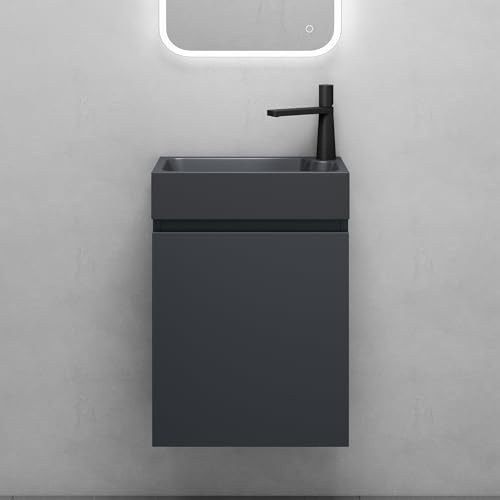 Mai & Mai Mobile Bagno Sospeso e Lavabo, Antracite opaco | 46x26x63cm in Antracite opaco, Set Mobiletto per Bagno con Lavabo da Minerale fuso in Antracite opaco, Seria Pisa02