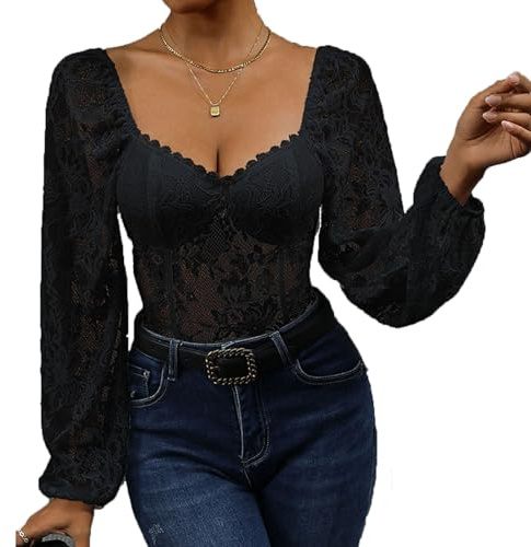 SHEKINI Body Damen Elegant Spitzen Mesh Langarm Bodysuit mit Herzförmiger Ausschnitt und Laternenärmeln Spitzenbody Oberteil Transparent Puffärmel Blusenshirt