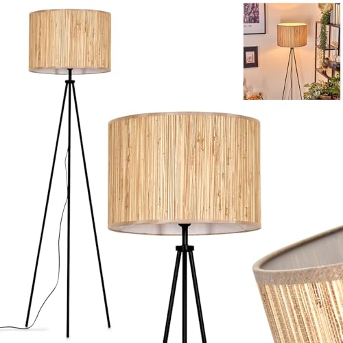 Stehleuchte Bongal, Stehlampe aus Holz/Seegras in Naturfarben, Leuchte im skandinavischen Design mit rundem Schirm (Ø 40cm) u. Fußschalter, Höhe 155cm, 1x E27, ohne Leuchtmittel