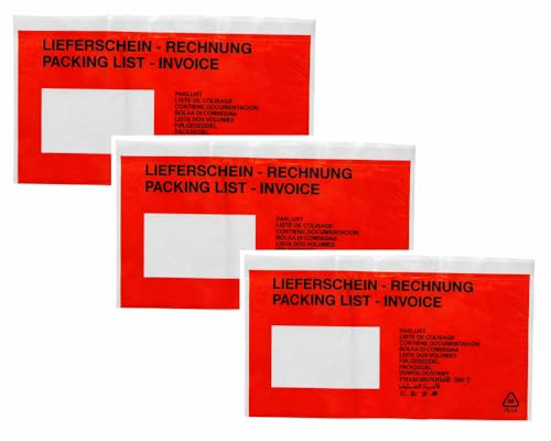 Lieferscheintaschen DIN lang Selbstklebend Lieferschein-Rechnung (Rot)/Transparent (Neutral) Dokumententaschen Begleitpapiertaschen 5-1000 Stück (Lieferschein-Rechnung (Rot), 50)
