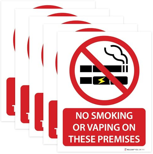 RDLCAR No Smoking or Vaping Signs Pack of 6 Premium Self-Adhesive Vinyl 100mm x 70mm No Smoking Signs for Indoor and Outdoor Use