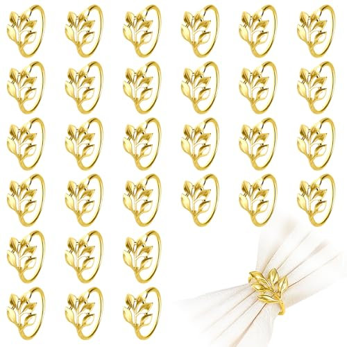 Anneaux de Serviette en Forme Feuille，30PCS Porte-Anneaux de Serviette en métal Boucles pour décoration de Table, Porte-Serviettes pour Ornement Mariage Thanksgiving Noël Automne Pâques Dîner(Or)