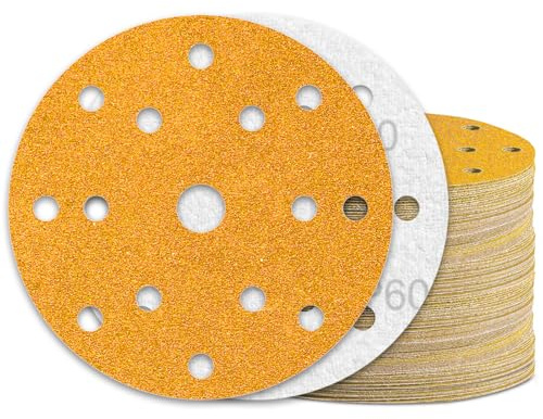 KONGMING 60 Stück Schleifpapier 150mm Klett Körnung 60 15 Loch für Exzenterschleifer