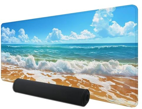Gaming Mauspad XXL 1000 x 500 mm, Strand Mousepad Groß mit Vernähte Kanten WassXerdicht Anti-Rutsch, XXL Mousepad Wellen Schreibtischunterlage für Laptop, Verbessert Präzision und Geschwindigkeit Q-6