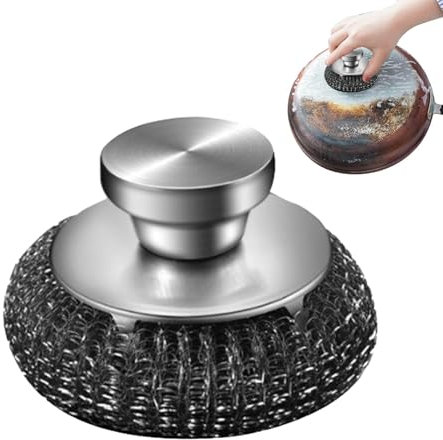 Stahlwolle-Schrubber – Pfannenschrubber | Topfreiniger mit Griff | langer Griff aus Stahlwolle | Geschirrwaschschrubber | abnehmbarer Metallschwamm | Stahlwoll-Pads für Töpfe, Pfannen, Kochgeschirr,