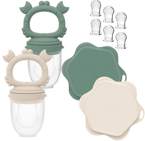Ginbear Baby Fruit Food Feeder & Popsicle Molds Combo (Set of 2), Silicone Teething Feeders with Freezer Tray for Infants 4 Months+ (Dark Sage/Ivory)