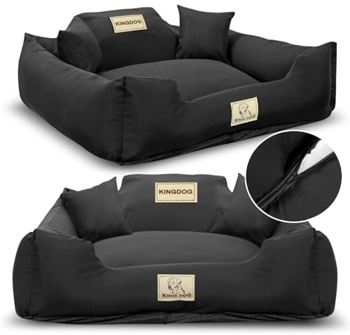 KING DOG Hundebett Mittelgroße Hunde Waschbar M 75 x 65 cm Hundekissen Hundekorb Personalisiert - Name des Hundes Mit Reißverschluss Abnehmbares Kissen rutschfeste Unterseite Silikon Füllung Schwarz