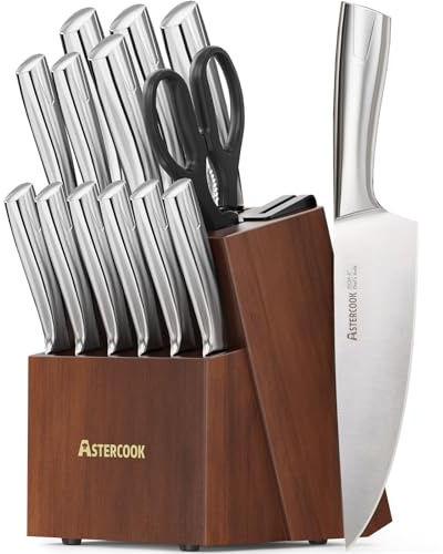 Astercook Knife Set, Kitchen Knives Set with Block and Sharpener Full Tang 15 Pcs Premium Stainless Steel Knives, Dishwasher Safe Knife Set with Anti-slip Ergonomic Handle, Walnut, Mothers Day Gifts