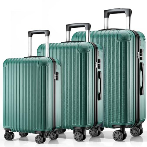ABISTAB Voyager Reisekoffer Set 3-teilig, Hartschalen Koffer & Trolleys mit 4 Rollen, Zahlenschloss, Handgepäck & große Koffer, Dunkelgrün