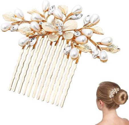 1Pc Gold Pearl Hair Comb Refined Look Bride Wedding Hair Combs Firmly Fixed Wedding Hair Accessories Leaf Design Hairpiece Accessory Perfect for Weddings Birthdays Valentine Day or Anniversaries