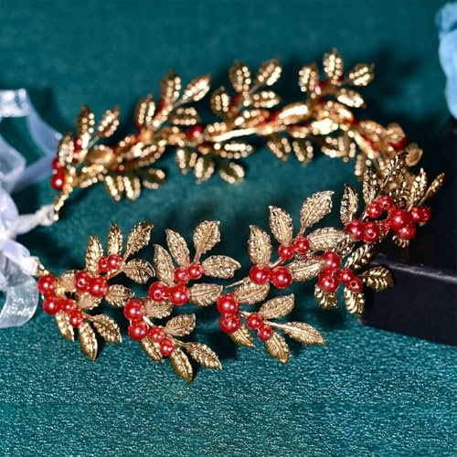 Wedding Bridal Headband Alloy Leaf Pearl Headpiece Handmade Hair Accessories Party Hairwear Hp353-Red