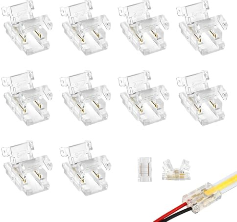 10 Pack 2 Pin 8mm COB LED Strip Light Connectors, Quick LED Connectors,Transparent Solderless Gapless Quick Connect Clips, Strip to Wire Adapter for 8mm Wide LED Tape Lights 24V 5A