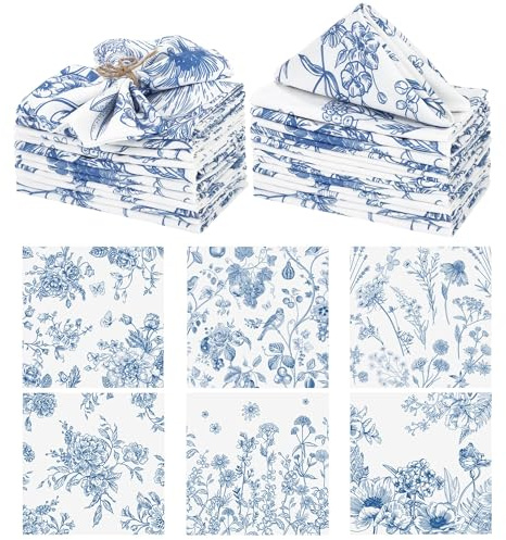 Kochorie 24 Pieces Blue Floral Cloth Napkins, 18 x 18 Inch Reusable Soft Fabric Napkins, Washable Flower Dinner Cocktail Napkin for Spring Summer Tea Party Holiday Home Kitchen Wedding Restaurant