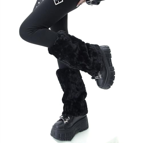 CocMouse Damen Y2k Kunstfell Beinstulpen Niedlich Plüsch Weich Pelz Flauschig Winter Warm Stiefel Manschette Abdeckung Party Kostüm Zubehör, Schwarz , One size