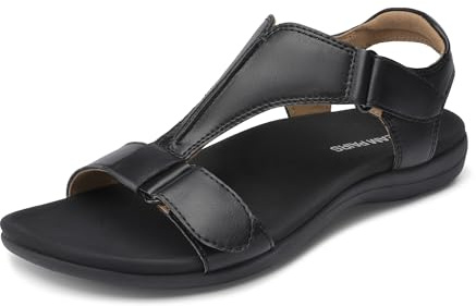 DREAM PAIRS Sandales orthopédiques plates avec soutien de la voûte plantaire et sangle en T pour femme, confortables pour la marche, la plage, l'été