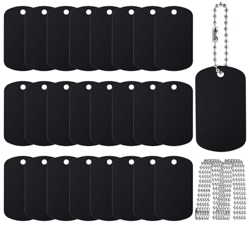 25 Pezzi Blanko Dog Tags, Targhetta Timbratura 5×3 cm, Nere con Fori Medagliette da Incidere in Alluminio, Targhette Vuote per Animali Domestici con 10 Catene per Appenderle