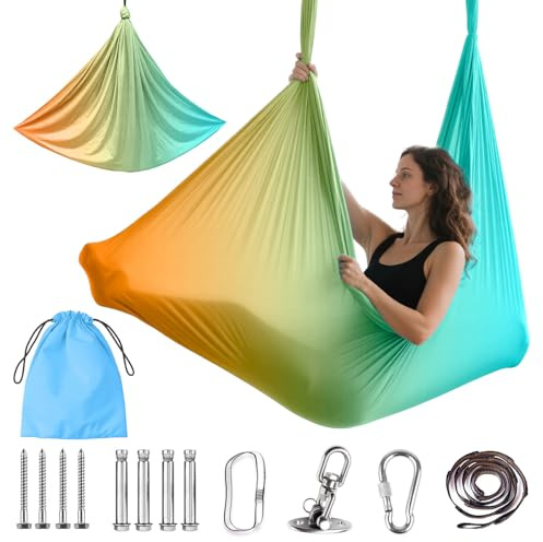 Aerial Yogatuch 280x150cm Yoga-Set für Erwachsene, Yoga Hängematte zum Aufhängen Aerial Yogas Set für drinnen und draußen 200 kg Belastung,inkl. Kompletter Installationshardware für Fitness（OrangeGrün