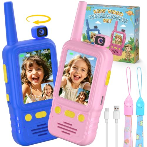Talkie Walkie Enfants avec Caméra Rotative à 180°, Cadeau Fille 3 4 5 6 7 8 9 10 11 12 Ans, Rechargeable par USB-C Utlisation Interieure/Exterieure/Voyage/Fetes (Bleu+Rose)