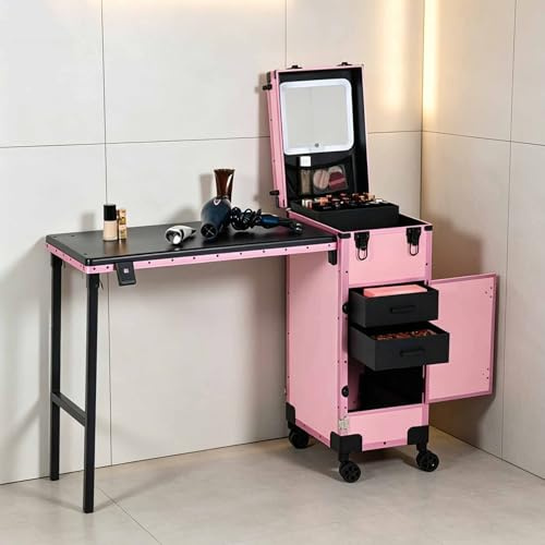 Rolling Makeup Case on Wheels, Portable Nail Desk for Nail Tech, Mobile Manicure Table w/Handle & LED Mirror, Beauty Salon Nail Workstation (Pink)