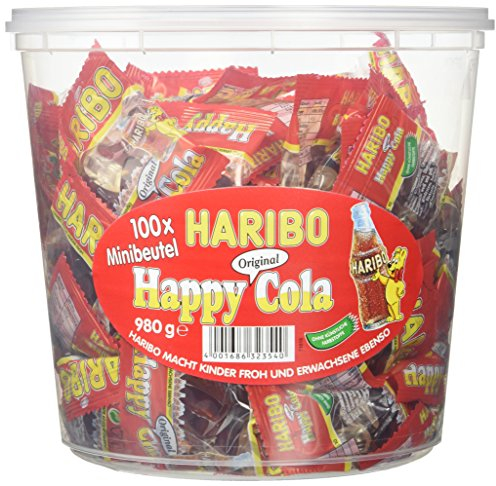 Haribo Happy-Cola Minis – 100 Stück in Vorratsdose – 1 kg Fruchtgummi mit Cola-Geschmack – Kult-Süßigkeit für Party, Büro & Kinder