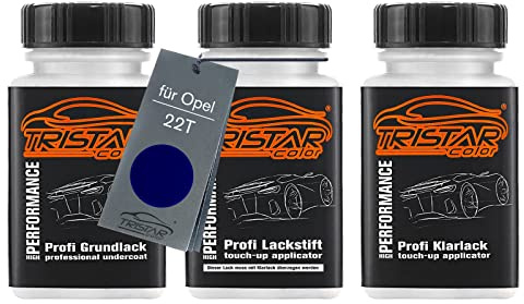 TRISTARcolor Autolack Lackstifte für Opel 22T Dark Ink Metallic + Klarlack | Ocean Blue Metallic, Set aus Grundlack + Basislack + Klarlack, Lackfläschchen mit Pinsel, je 50ml