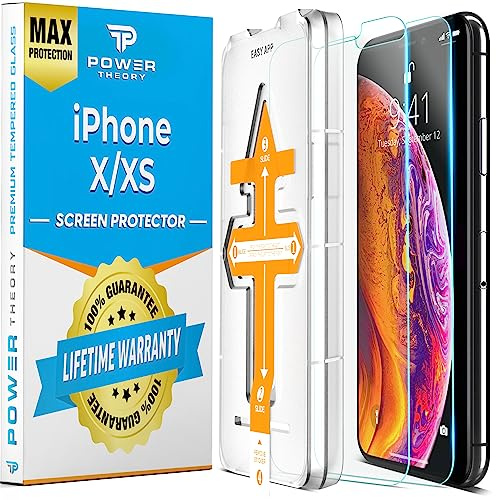 Power Theory Schutzglas für iPhone XS, iPhone X Schutzfolie, Glas Displayschutz mit Schablone, Displayschutzfolie, Glas Folie mit Anbringhilfe [9H Härte, 2 Stück]