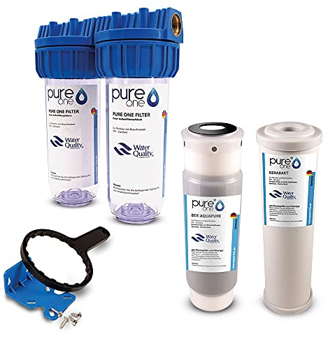 PureOne BAS2 BioActive-Set. 2-Stufige Filteranlage 10 Zoll. Schadstoffe, Geschmack, Keime und Sporen. Filtergehäuse mit Aktivkohle- und Keimfilter (Keramik). Für Hauswasserwerk, Zisterne 1 Zoll