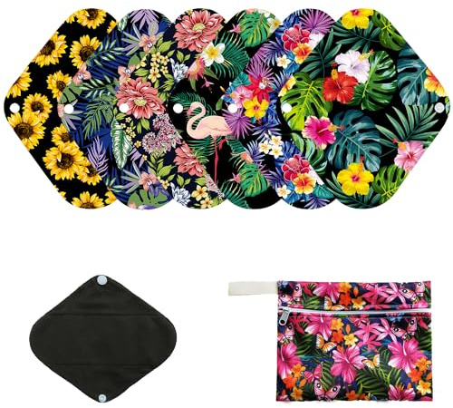 Paquete de 7 almohadillas de tela que incluye 1 mini bolsa húmeda + 6 almohadillas menstruales reutilizables de carbón de bambú, compresas sanitarias reutilizables para mamá (todos los estampados al
