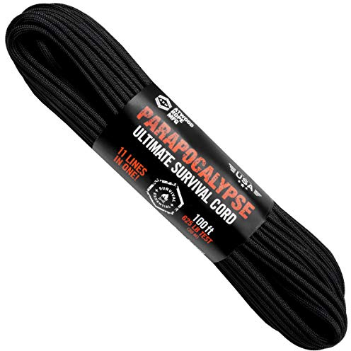 Atwood Seil MFG Parapocalypse Paracord 7-strangiger Kern mit Feuerstarter, gewachste Jute, 4,3 kg, Mono-Angelschnur, Dyna-x und Kevlarschnur, 304,6 m, schwarz