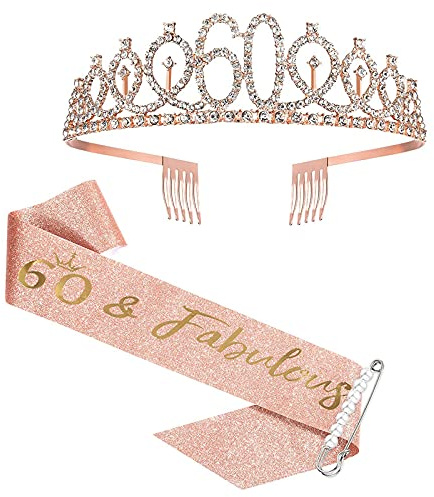 60. Geburtstagsschärpe und Tiara, Rose Gold Geburtstagsschärpe Krone 60 & Fabulous Schärpe und Tiara für Frauen, 60. Geburtstagsgeschenke für alles Gute zum 60. Geburtstagsgeschenk