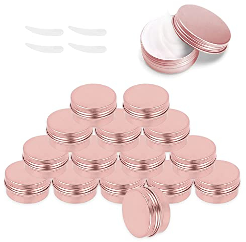 YUE QIN 15 Pièces Echantillon Vide 10ml Pots en Aluminium Contenant Cosmetique Vide Petite Boite Metal Ronde Voyage Rondes avec Mini Spatule pour Maquillage, Crème, Baume à Lèvres(Or Rose)
