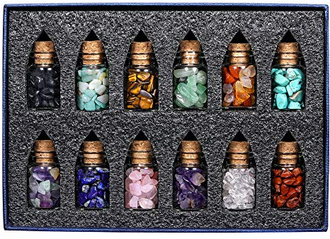Jovivi Pack of 12 Mini Glass Wishing Bottles Gemstone Crystal Feng Shui Decoration Healing Reiki Tumbled Stones Glass Bottles with Box