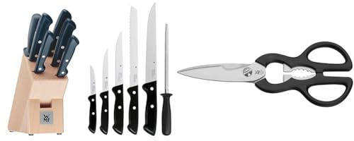 WMF Classic Line Messerblock mit Messerset, 7-teilig, bestückt, 5 Messer, 1 Wetzstahl, 1 Block & WMF Küchenschere 21 cm, Haushaltsschere mit Sägeschliff, Edelstahl, Kunststoffgriff, Universal-Schere