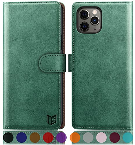SUANPOT [RFID Schutz für iPhone 11 Pro 5,8-Zoll Hülle PU Leder Handyhülle Lederhülle Klapphülle Kartenfach Flip Cover für Apple 11 Pro Handy hülle Leather Wallet Phone Case hellgrün