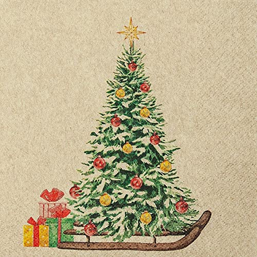 20 Servietten Eco Line nachhaltig aus 100% Recycling-Papier Tannenbaum auf Schlitten | Weihnachten | Winter | Baum | Tischdeko 33x33cm